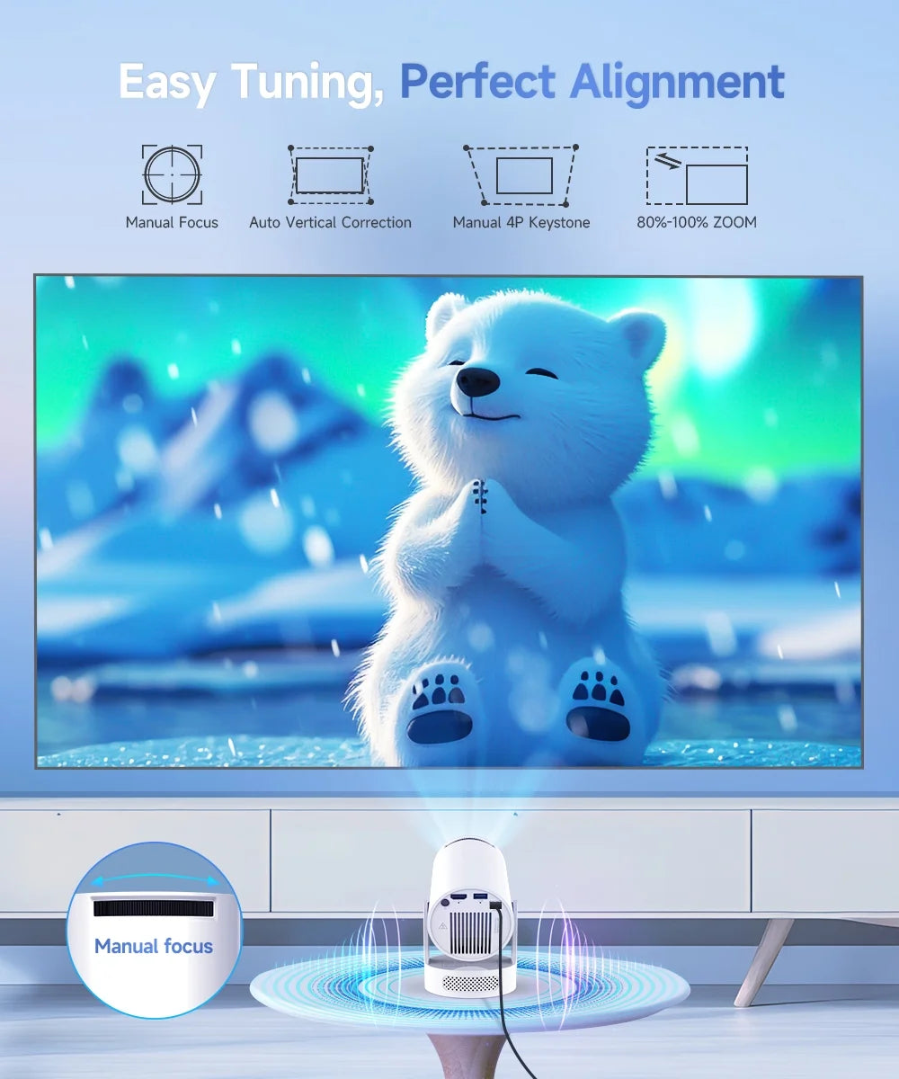 Projector, 4K 1080P Support with Wifi 6 & BT 5.4, 5W Soundbase Speaker, Auto Keystone, Mini Projector Portable for Home & Outdoor Movies Hy300Pro+
