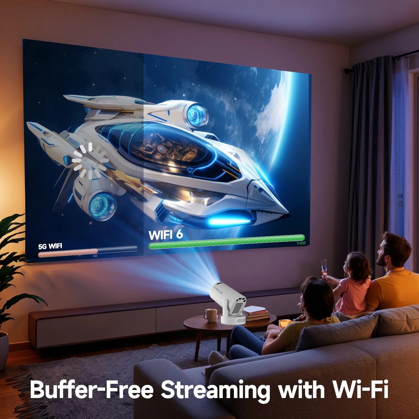 Projector, 4K 1080P Support with Wifi 6 & BT 5.4, 5W Soundbase Speaker, Auto Keystone, Mini Projector Portable for Home & Outdoor Movies Hy300Pro+