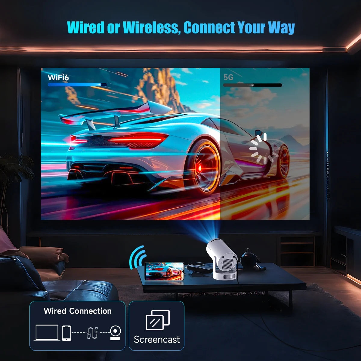 Projector, 4K 1080P Support with Wifi 6 & BT 5.4, 5W Soundbase Speaker, Auto Keystone, Mini Projector Portable for Home & Outdoor Movies Hy300Pro+