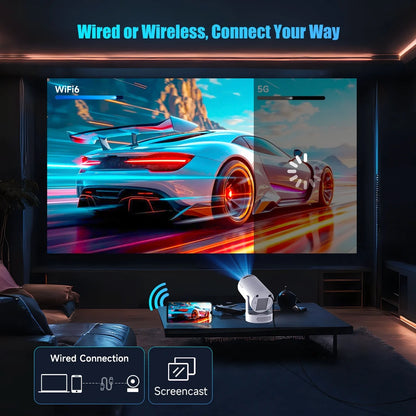 Projector, 4K 1080P Support with Wifi 6 & BT 5.4, 5W Soundbase Speaker, Auto Keystone, Mini Projector Portable for Home & Outdoor Movies Hy300Pro+